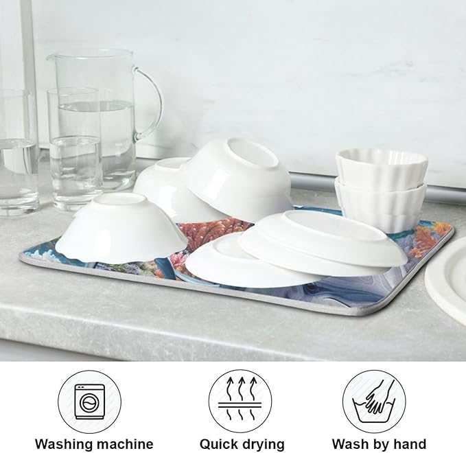 ZzWwR Funny Ocean Cute Dolphin Family Absorbent Dish Drying Mat Microfiber Kitchen Countertop Table Protector Multi-Purpose Counter Rack Sink Drainer Pad (16" x 18")