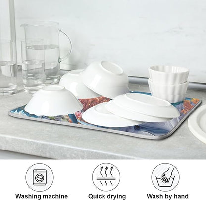 ZzWwR Funny Ocean Cute Dolphin Family Absorbent Dish Drying Mat Microfiber Kitchen Countertop Table Protector Multi-Purpose Counter Rack Sink Drainer Pad (16" x 18")