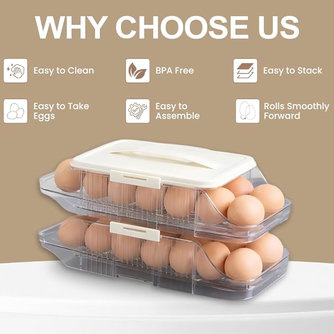 Egg Holder for Fridge Organization - 30 Slot Egg Organizer for Refrigerator with Rolling Dispenser | 2 Layers with Locking & Detachable Trays