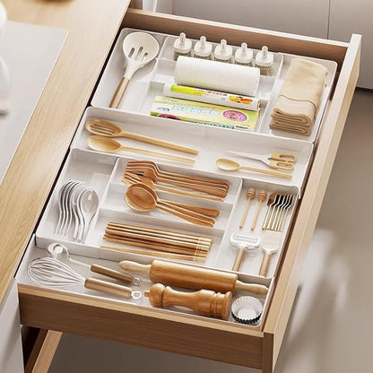 Utensil Organizer Silverware Drawer Organizer for Utensil Holder expandable in four directions W10.63∼20.08×D10.63∼20.08×H2 for Utensil Holder Makeup Desk Drawer Tool Organization (white)