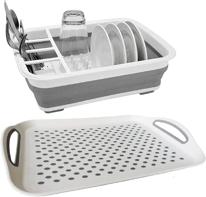 Collapsible Dish Drying Rack with Drain board Set Portable Dish Drainer Foldable Drying Dish Storage Rack Silverware Organizer