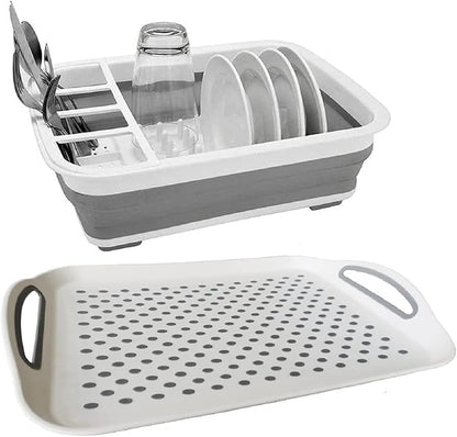 Collapsible Dish Drying Rack with Drain board Set Portable Dish Drainer Foldable Drying Dish Storage Rack Silverware Organizer