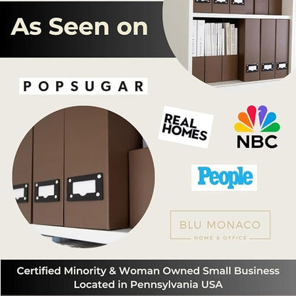 BLU MONACO | Cardboard Magazine File Holder Set of 6 | Vertical Magazine File Holder with Leather Label Slots | Standing File Holder and Cardboard Bins for Shelves Desk Office