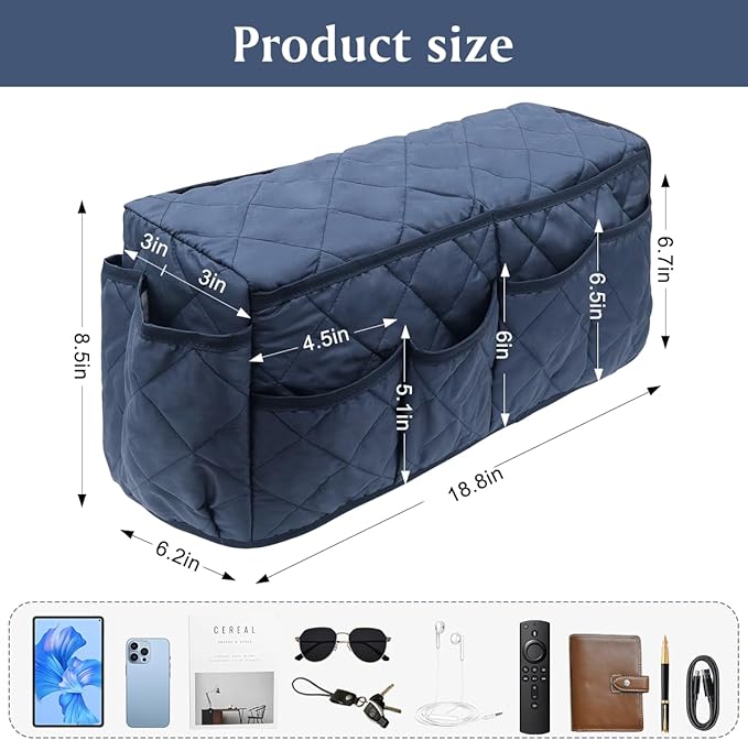 HADEEONG Remote Control Holder, Non Slip Bedside Armchair Caddy, Recliner Arm Caddy Armrest Organizer with 14 Pockets for Cell Phone TV Remote Control Magazines, Dark Blue