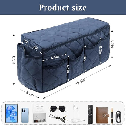 HADEEONG Remote Control Holder, Non Slip Bedside Armchair Caddy, Recliner Arm Caddy Armrest Organizer with 14 Pockets for Cell Phone TV Remote Control Magazines, Dark Blue