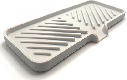 Happitasa Silicone Soap Dish Tray and Sponge Holder with Drain Chute and Feet | 3-Way Sloped Design | Bathroom and Kitchen Sink Organizer Caddy (Light Grey, 10"x4")