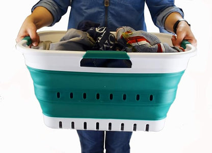 SAMMART 30L (8 Gallon) Collapsible 3 Handled Plastic Laundry Basket - Foldable Pop Up Storage Container/Organizer - Space Saving Hamper/Basket (White/Dark Green)