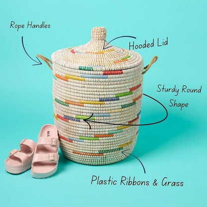 Small Storage Basket, Organizing, Storage, Wicker, Woven, With Lid, Handles, 12" Wide, 14" Tall (Colors White)