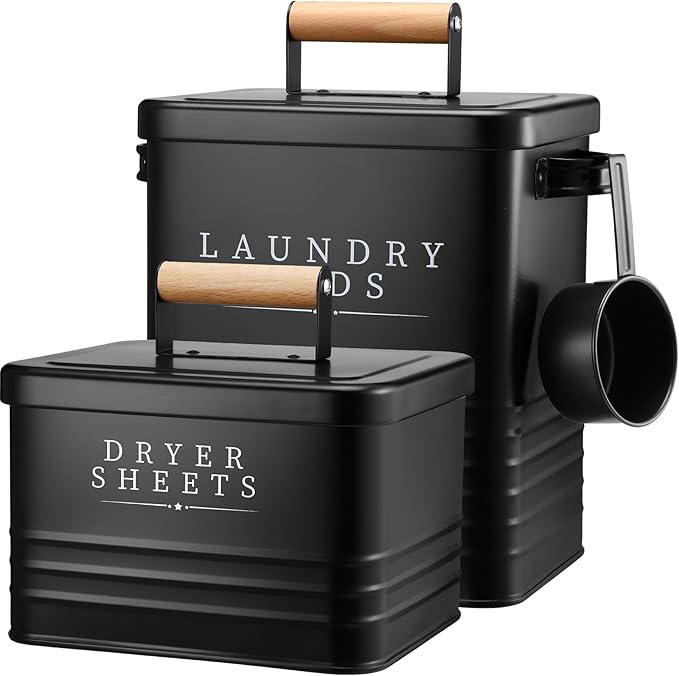 2 Pcs Laundry Pod Container with Dryer Sheet Holder Farmhouse Laundry Room Decor Organization and Storage Detergent Container Box with Lid Handle Metal Dryer Sheet Dispenser(Black)