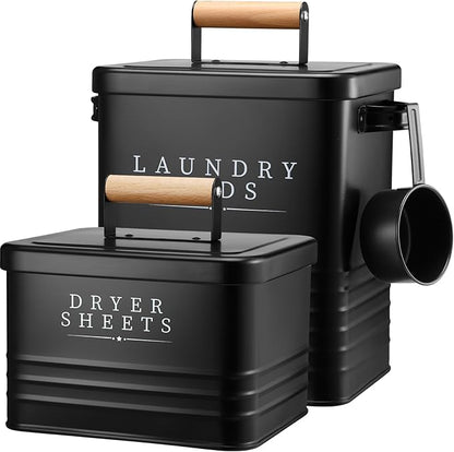 2 Pcs Laundry Pod Container with Dryer Sheet Holder Farmhouse Laundry Room Decor Organization and Storage Detergent Container Box with Lid Handle Metal Dryer Sheet Dispenser(Black)