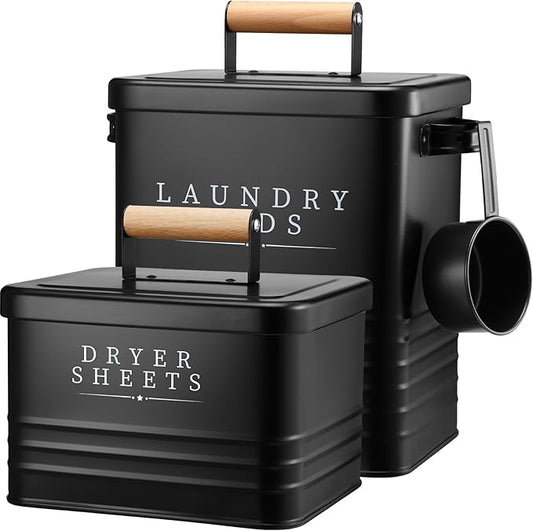 2 Pcs Laundry Pod Container with Dryer Sheet Holder Farmhouse Laundry Room Decor Organization and Storage Detergent Container Box with Lid Handle Metal Dryer Sheet Dispenser(Black)