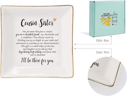 HOME SMILE Cousin Sister Gifts Mother's Day,Ceramic Ring Jewelry Dish Tray Plate for Birthday Graduation Christmas Wedding-You are More Than Just a Cousin,You Are a Chrished Friend