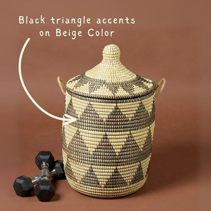 Small Storage Basket, Organizing, Storage, Wicker, Woven, With Lid, Handles, 12" Wide, 14" Tall (Black Beige)
