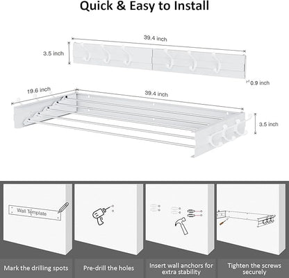 Laundry Drying Rack, Collapsible Wall Mounted Clothes Drying Rack - Foldable,Space Saving, 13.2 Linear Ft, 5 Aluminum Rods, 60 lb Capacity (White, 40" Wide)