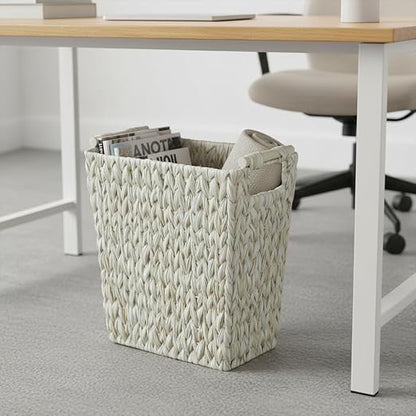 Endymion Wicker Trash Can,Large Narrow Woven Trash Can with Wooden Handles,Boho Decorative Waste Basket for Bathroom,Bedroom,Office,5 Gallon,White