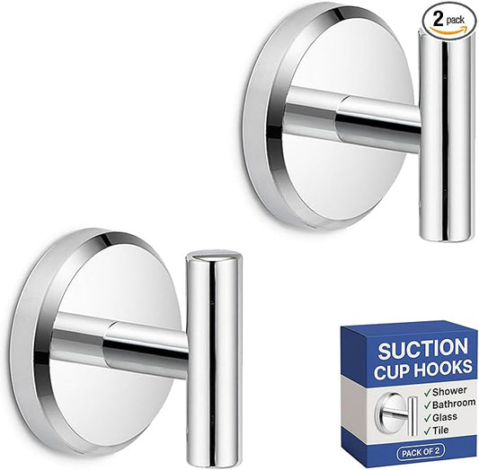 HOME SO Suction Cup Hooks T Shape (2 or 4 Pack) (Chrome, 2, Count)