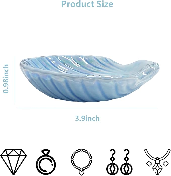 Shell Jewelry Dish Tray for Women, Ceramic Seashell Jewelry Ring Holder Dish, Jewelry Plate Trinket Dish for Necklace, Earring, Ring, Mother's Day Christmas Gift, 3.9", Sky Blue Iridescent Surface