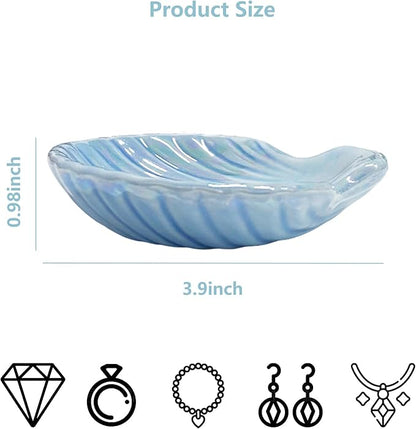 Shell Jewelry Dish Tray for Women, Ceramic Seashell Jewelry Ring Holder Dish, Jewelry Plate Trinket Dish for Necklace, Earring, Ring, Mother's Day Christmas Gift, 3.9", Sky Blue Iridescent Surface