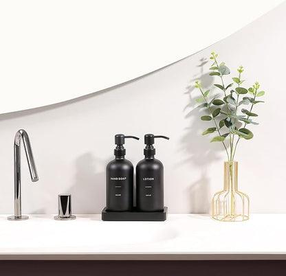 Prus Waso Black Soap Dispenser Bathroom Set, Soap and Lotion Dispenser Set with Stainless Steel Pump, Perfect for Bathroom Decor. (Black)