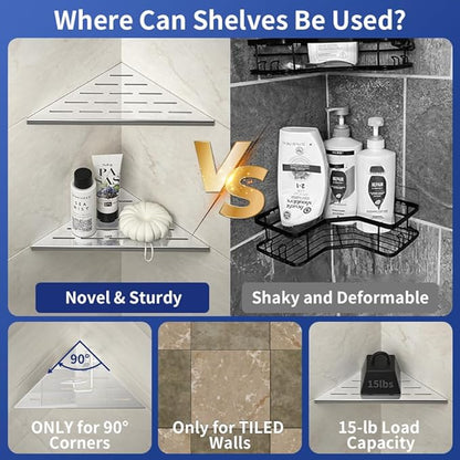 Bernkot Corner Shower Shelf 10" Polished 304 Stainless Steel Recessed Corner Shelves with Slot Design Bathroom Grout in Shelf for Tiled Wall, 2 Pack
