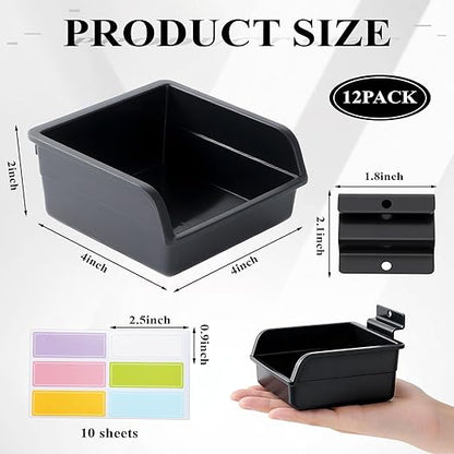 12 Pack Slatwall Bins with Hooks and Labels, Plastic Slatwall Accessories Boxes for Slat Wall Panels, Slat Wall Storage Bin Containers Organizers for Hardware, Garage, Craft Room, Tool Shed