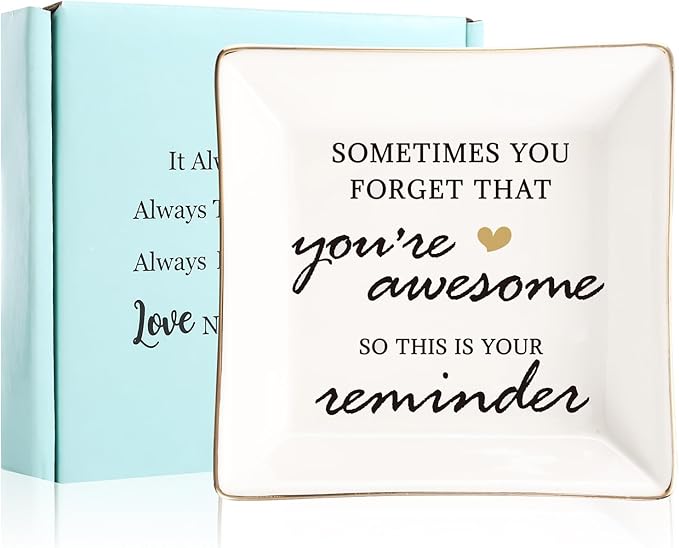 JOYIMARR You're Awesome Gifts: Inspirational Gifts for Women - Best Friends, Mom, Sister, Coworker, Valentine's, Retirement, Christmas - Ceramic White Ring Trinket Dish Jewelry Tray