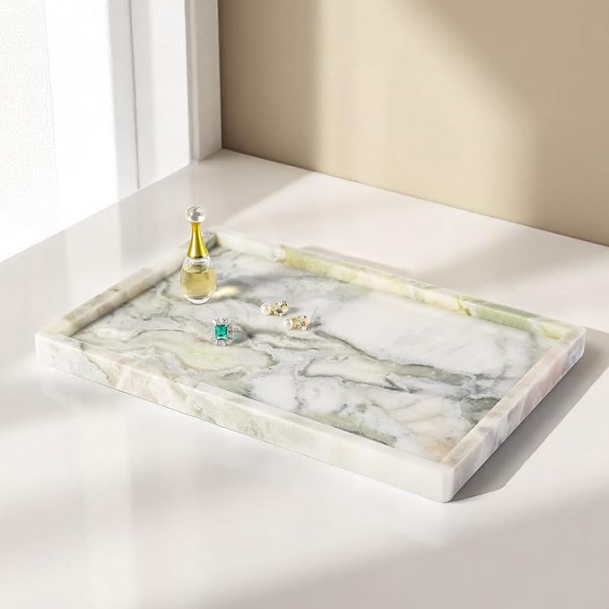 Koville Natural Marble Tray, 12x8“ Coffee Table Vanity/Decorative Tray for Jewerly, Watch, Perfume Candle Storage for Bedroom/Bathroom/Kitchen Countertop