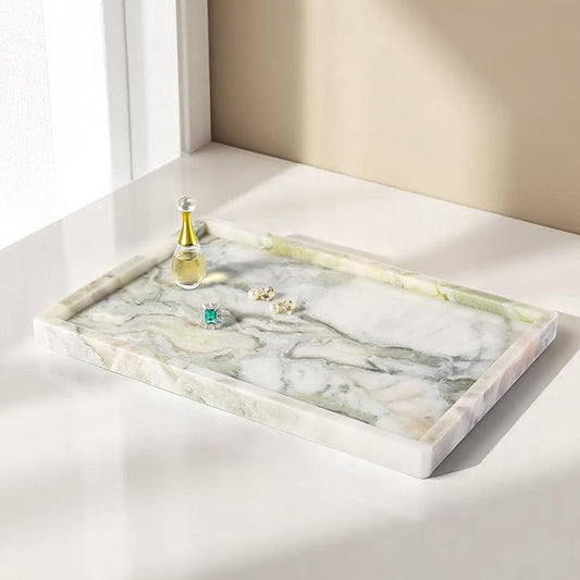 Koville Natural Marble Tray, 12x8“ Coffee Table Vanity/Decorative Tray for Jewerly, Watch, Perfume Candle Storage for Bedroom/Bathroom/Kitchen Countertop