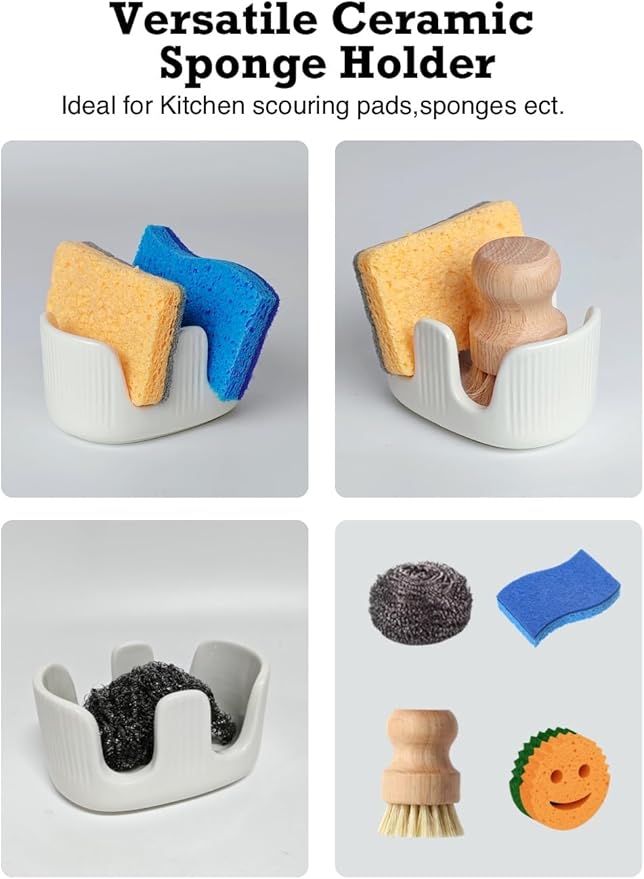 BekPooQ Ceramic Sponge Holder, 2-Slot Dish Sponge Holder for Kitchen Sink, Keeps Sponges Dry & Countertop Clean, Rust-Free & Dishwasher Safe, Stylis Design, Modern White
