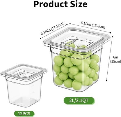 FORITRUE 1/6 6'' 12 Pack Plastic Food Pans With Lids, Clear Food Pan, Commercial Stackable Polycarbonate Freezer-Safe for Fruits Vegetables Restaurant Kitchen