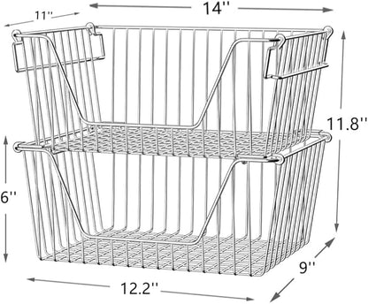 SANNO 14" Stackable Baskets Pantry Bins Storage Baskets Metal Wire Basket, Storage Organizer Basket Open Front for Kitchen Cabinets, Pantry, Closets, Bedrooms, Bathrooms 3 Pack