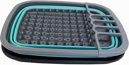 SAMMART 8L (2.11Gallons) Collapsible Plastic Dish Drainer - Foldable Drying Rack - Portable Dinnerware Organizer - Space Saving Kitchen Utensil Storage Tray (Alloy Grey + Crystal Blue (Set of 2))