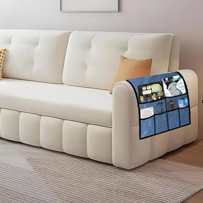 Ntomtuex PU Leather Remote Control Holder for Sofa Armrest Organizer Non-Slip Arm Chair Caddy for Recliner Sofa Caddy Storage with 6 Pockets for Glass Phone TV Remote Control Magazines, Dark Blue
