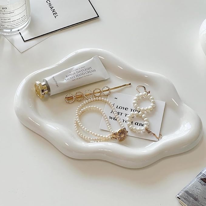 CESTATIVO Jewelry Dish - Trinket & Ring Tray, Ceramic, Aesthetic Vanity Decor - Mother's Day, Christmas, Birthday Gift for Women (White)