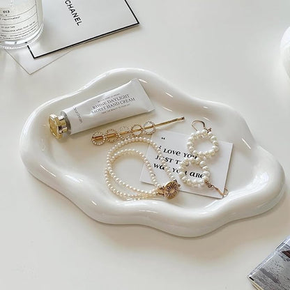 CESTATIVO Jewelry Dish - Trinket & Ring Tray, Ceramic, Aesthetic Vanity Decor - Mother's Day, Christmas, Birthday Gift for Women (White)