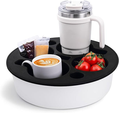 Couch Cup Holder Tray Round, Bonfixe 4-Cups Bedside Drink Holder for Elderly/Pregnancy, Stable Non-Spill Silicone Couch Caddy for Remote Control, Glasses‌, Snacks, Phones‌ (White-Black)