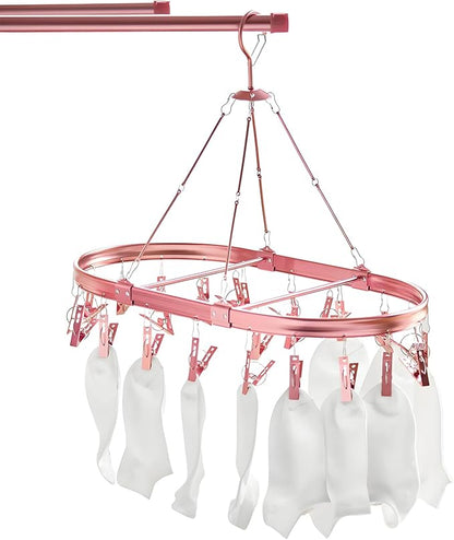 Underwear Hanger for Drying with 26 Clips - Aluminum Hanging Drying Rack for Socks, Lingerie & Baby Clothes | Wind-Resistant Hook & Oval Design (Rose Gold)