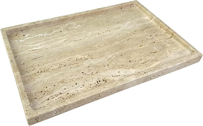 GHYFGD Real Natural Travertine Tray Genuine Marble Stone Tray for Coffee Table/Bathroom/Vanity (Beige Travertine, 12" x 8")
