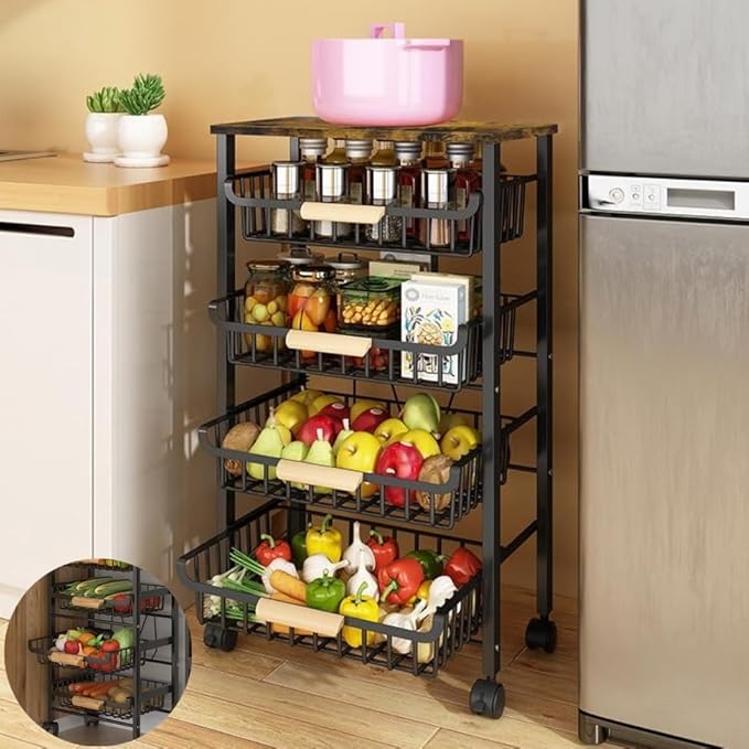 CarolynDesign 5 Tier Metal Wire Basket Cart on Wheels for Kitchen, Stackable Shelf Floor Standing Fruit Vegetable Storage Bins with Pull Out Drawers for Living Room Bedroom and Bathroom