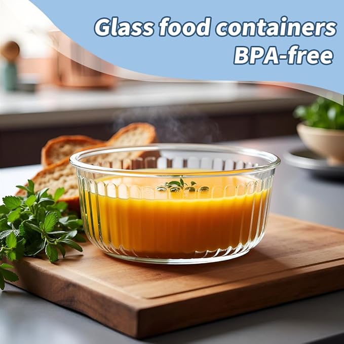 H.JSS WDJS 1.5 Cup Round Glass Food Storage Containers with Lids and Spoons, Kitchen 12Oz Meal Prep Containers, Small Round Glass Bowls for Soup, Leftovers, Lunch. Microwave, Dishwasher, Freezer Safe