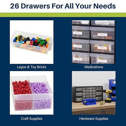 Akro-Mils 26-Drawer Plastic Drawer Storage Cabinet for Garage Organization, Bead Organizer, Building Bricks Storage, Teacher Toolbox, Makeup Organizer, 20-Inch W x 6-Inch D x 10-Inch H, 10124 White