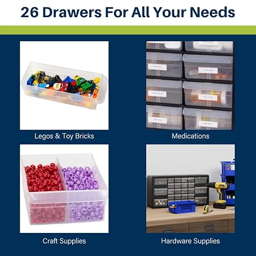 Akro-Mils 26-Drawer Plastic Drawer Storage Cabinet for Garage Organization, Bead Organizer, Building Bricks Storage, Teacher Toolbox, Makeup Organizer, 20-Inch W x 6-Inch D x 10-Inch H, 10126 Red