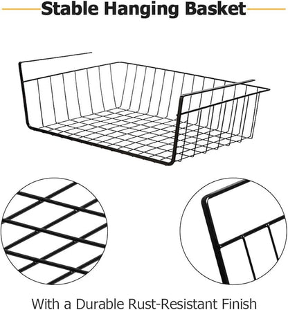 4 Pack Under Shelf Basket, Under Cabinet Organizer Shelf, Durable Metal Wire Rack Hanging Basket Storage Rack, Shelf Organizing for Kitchen/Pantry/Bathroom/Desk-Slide Arms Height:1.45in(Black)