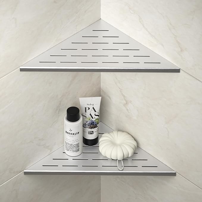 Bernkot Corner Shower Shelf, 12" Brushed 304 Stainless Steel Slot Design Recessed Corner Shelves 2 Pack Bathroom Grout in Shelf for Tiled Wall, Large Size