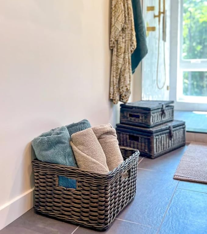 The Basket Lady Square Deep Wicker Storage Basket, Small, 12 in L x 12 in W x 8 in H, Antique Walnut Brown