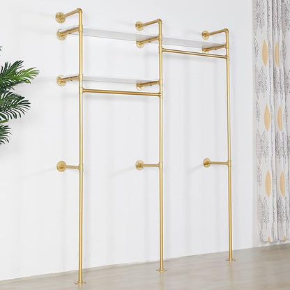 Gold Industrial Pipe Clothing Rack - Wall Mounted Clothes Rack with 2 Hanging Rods & 2 Tier Shelves, Closet Organizers and Storage for Shop, Retail Display, Bedroom, 79.5 x 59in
