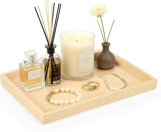 Artificial Travertine Tray, 12"x8" Perfume Tray for Bathroom Counter, Vanity, Home Organizer, Decorative Marble Trays for Perfume, Jewelry, Candles, Coffee, Rectangle, Yellow