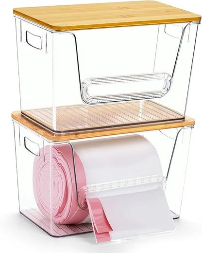 Wetheny 2-Pack Trash Bag Holder, Clear Acrylic Trash Bag Dispenser with Bamboo Lid, Extra-Large Garbage Bag Dispenser Holder Under-Sink Organizer for Kitchen, Cabinet, Pantry & Laundry Room