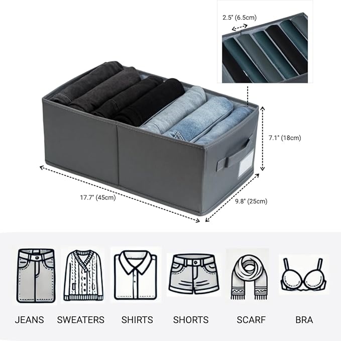 Set of 3 Large Wardrobe Closet Organizer - Drawer Organizer Clothes, Efficient Jeans Organizer for Closet, Versatile Closet Organizers and Storage (Dark Grey, 17.7" L x 9.8" W x 7.1" H)