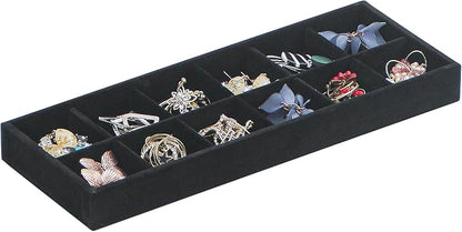 Divided Drawer Organizer, Velvet Jewelry Storage Tray for Necklace, Bracelet, Ring, Earring Display - Bedside Nightstand Desk Holder for Phone, Watch, Sunglasses, Cosmetics Storage/Black/12grid
